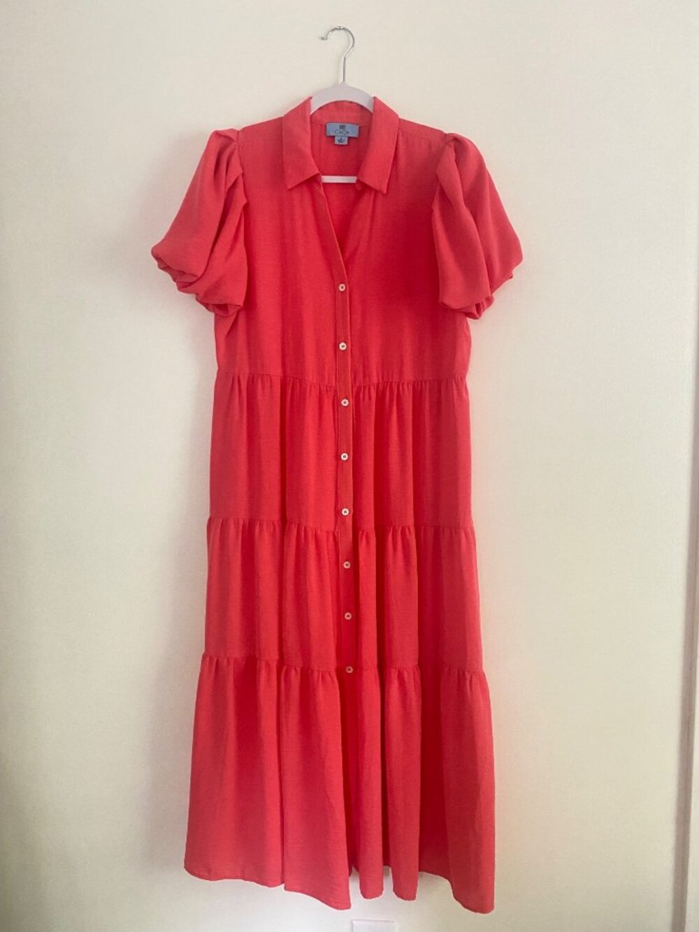 CeCe Coral Button-Front Tiered Midi Dress With Puff Sleeves Size M